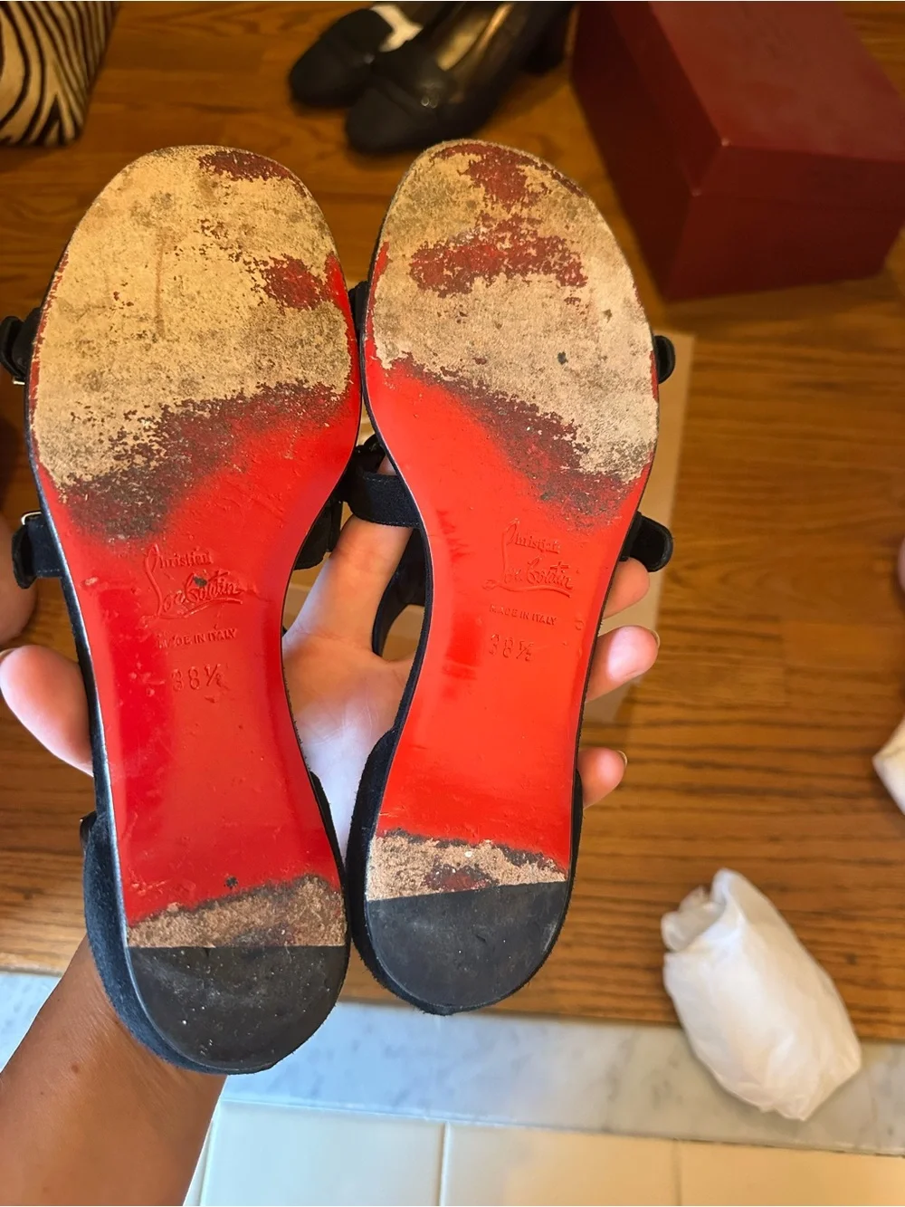 Christian Louboutin Black Suede Triple Buckle Sandals